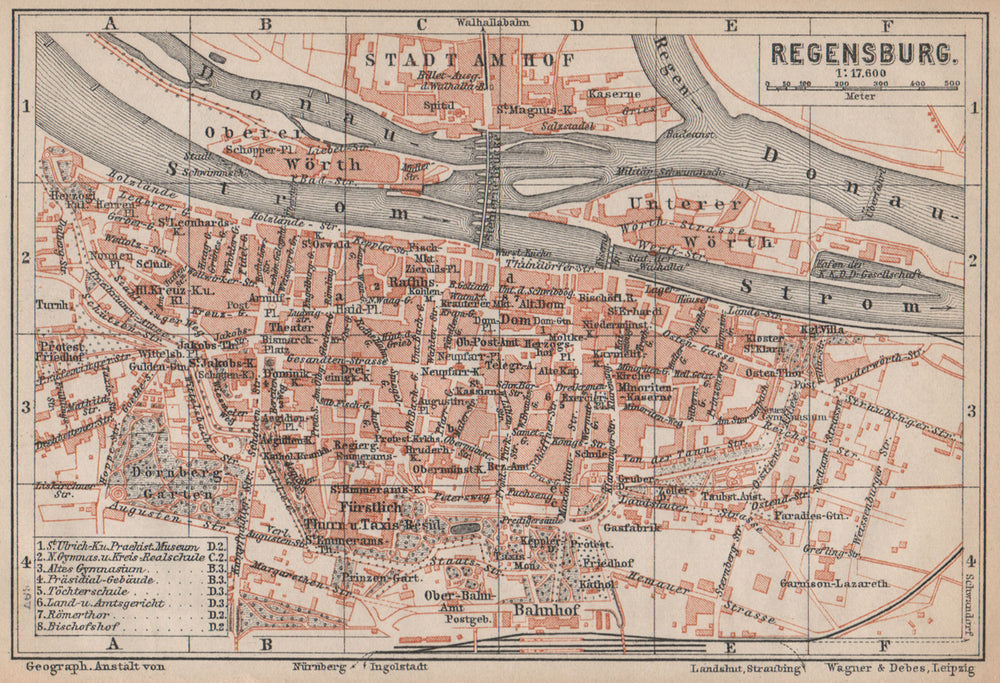 REGENSBURG town city stadtplan. Bavaria. Ratisbon. Stadtamhof karte 1895 map