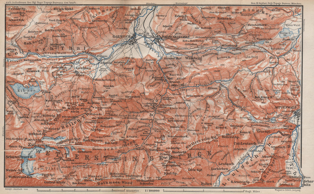 GARMISCH-PARTENKIRCHEN environs. Mittenwald. Deutschland/Österreich 1895 map