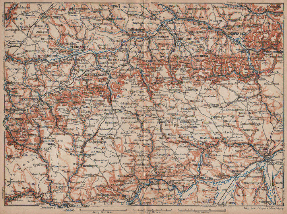 SCHWÄBISCHE ALB. Swabian Jura topo-map. Ulm Rottenburg Gmünd Kirchheim 1902