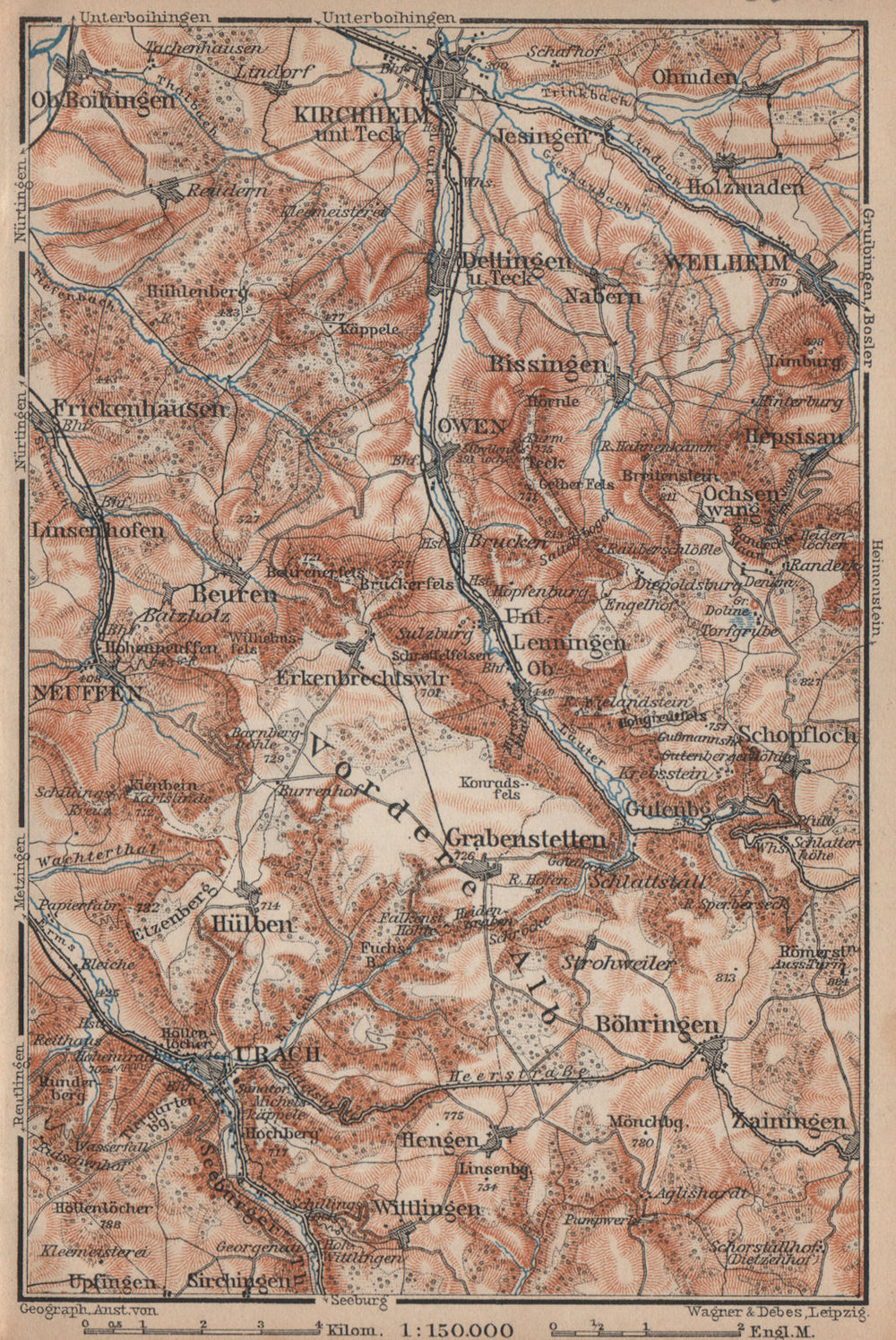 KIRCHHEIM UNTER TECK & umgebung. Lauter valley Bad Urach Weilheim Burg 1902 map