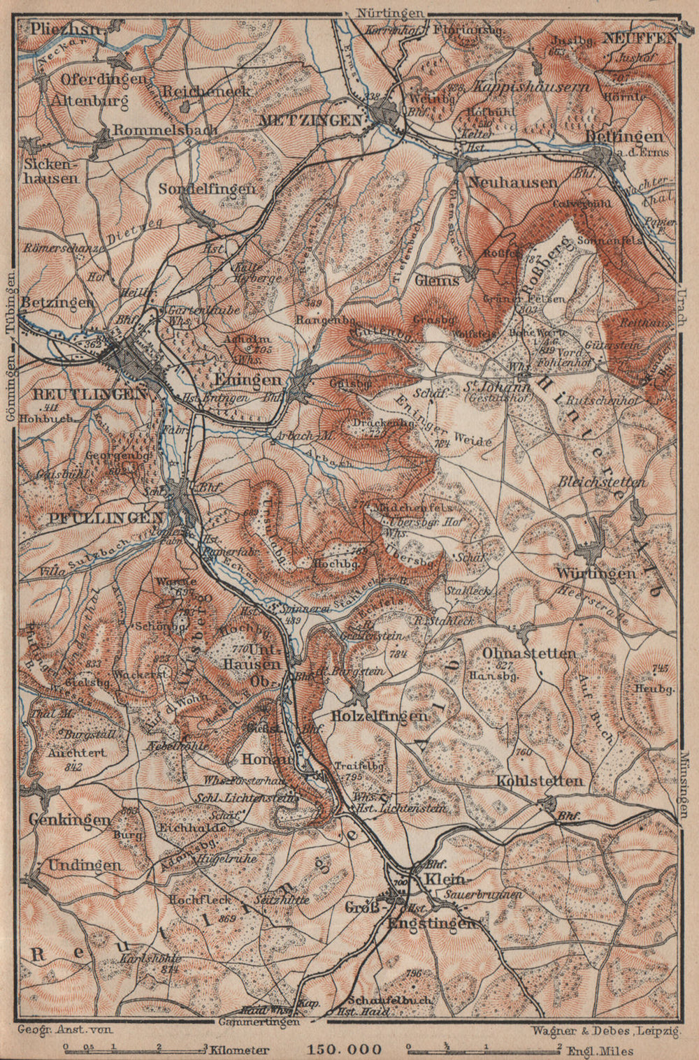 REUTLINGEN Metzingen Pfullingen. Schwäbische Alb. Swabian Jura karte 1902 map