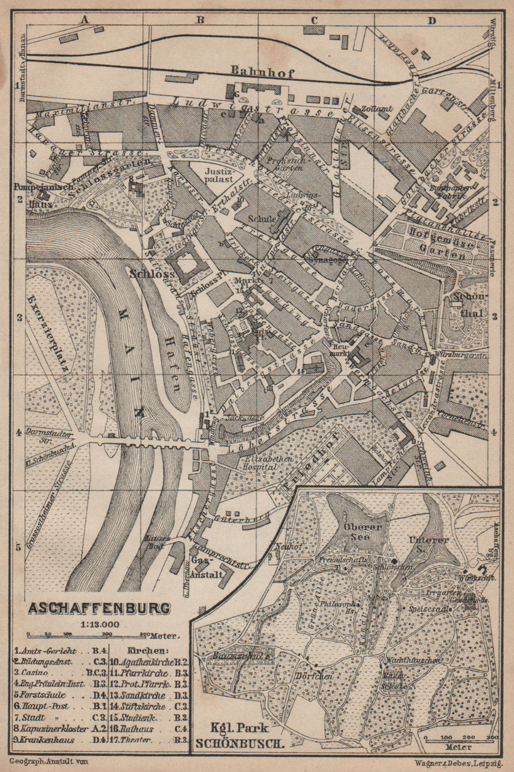 ASCHAFFENBURG antique town city stadtplan. Schönbusch. Bavaria karte 1902 map