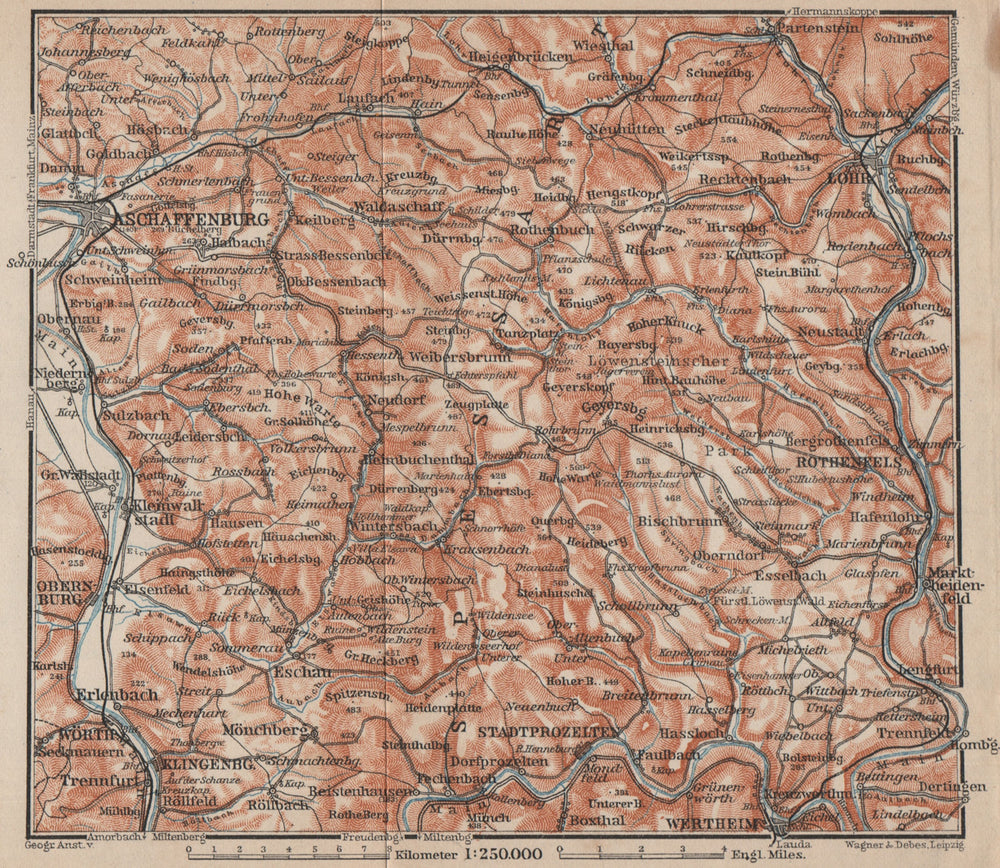 SPESSART topo-map. Aschaffenburg Lohr am Main Zertheim Geiersberg 1902 old