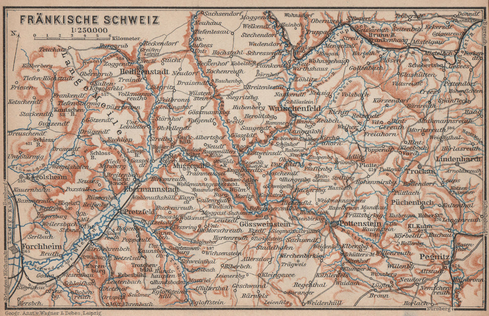 FRANCONIAN SWITZERLAND. FRÄNKISCHE SCHWEIZ topo-map. Deutschland karte 1902