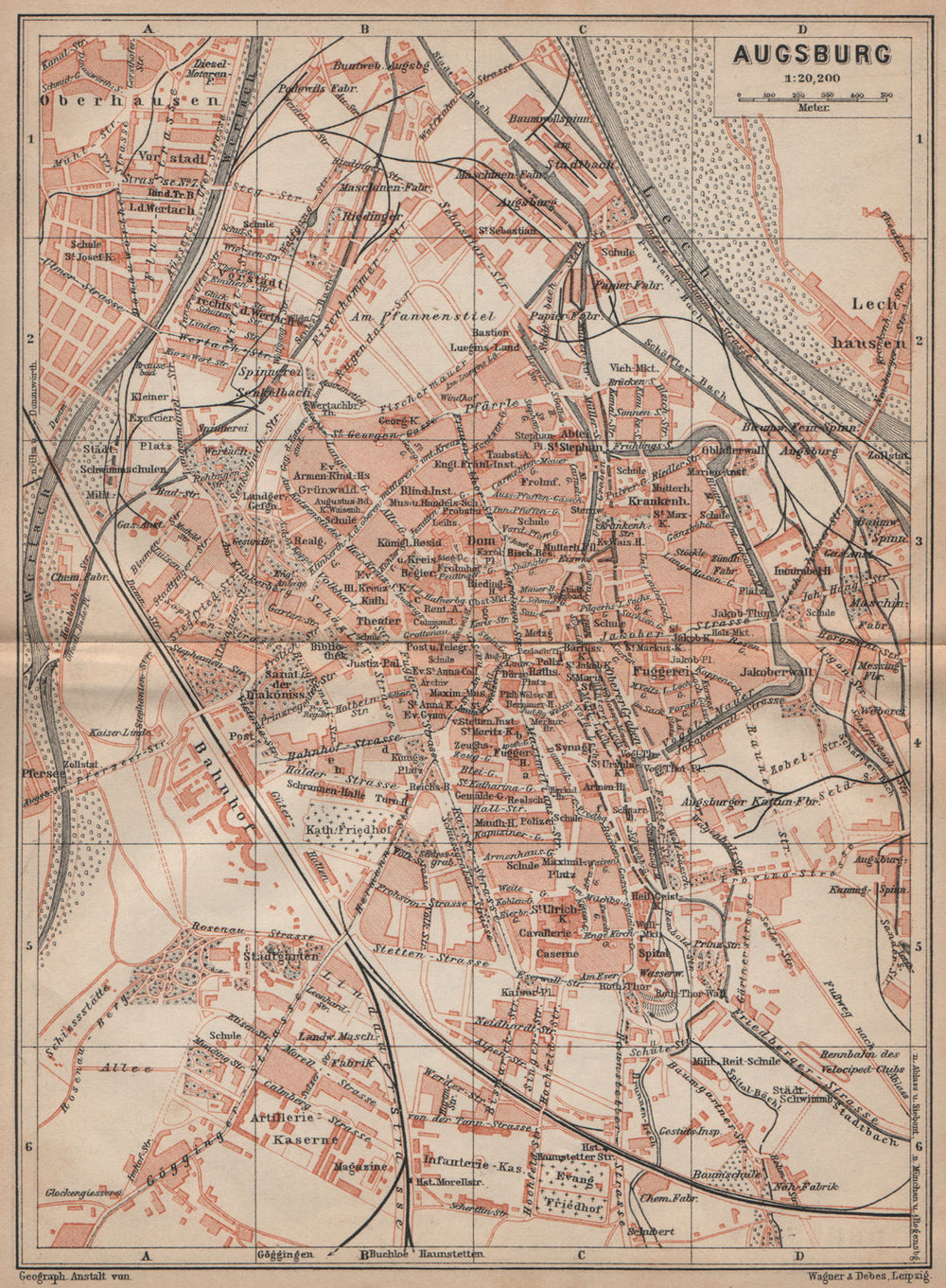 AUGSBURG antique town city stadtplan. Bavaria karte. BAEDEKER 1902 old map
