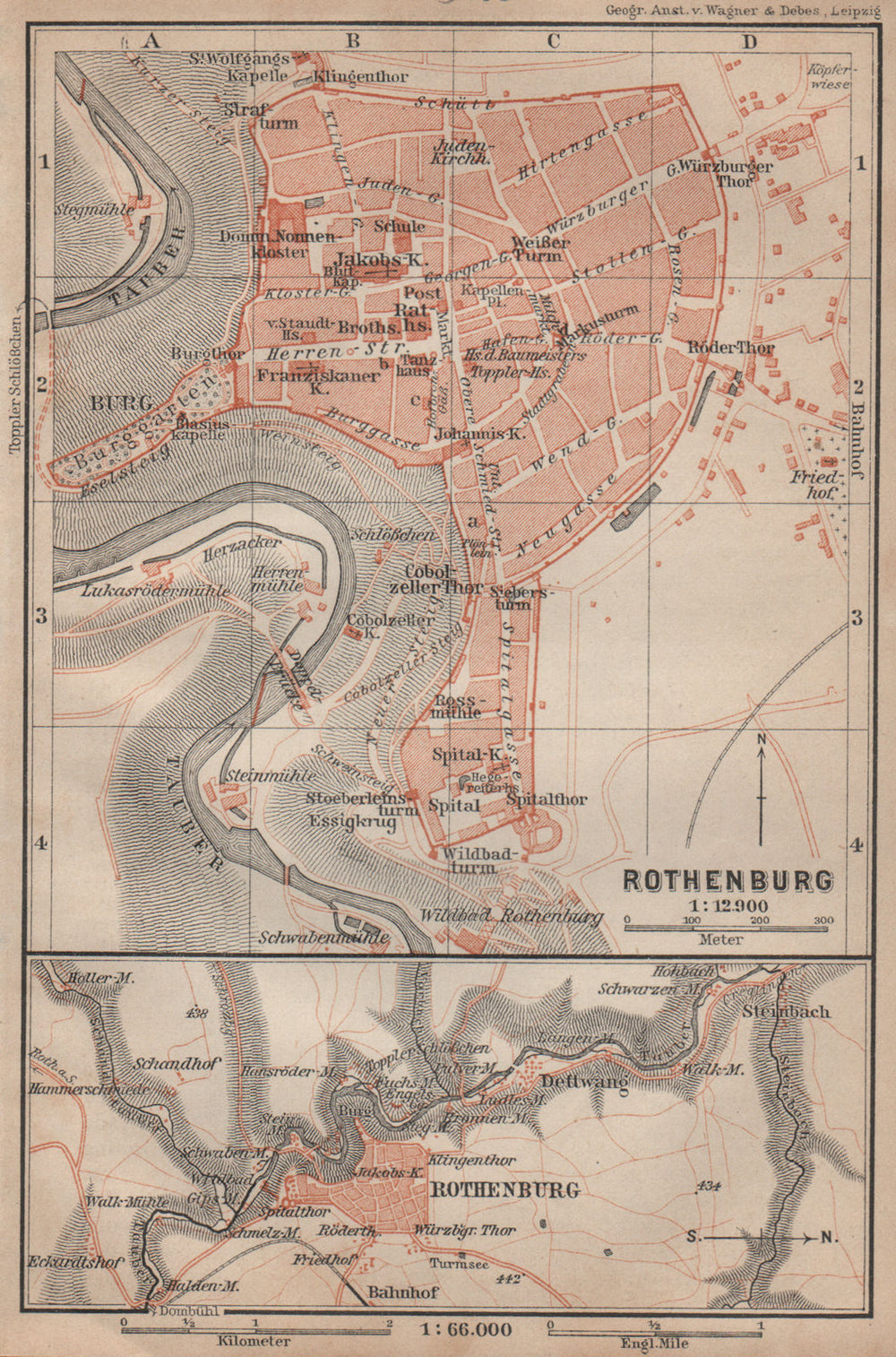 ROTHENBURG OB DER TAUBER town city stadtplan. Bavaria, Deutschland 1902 map