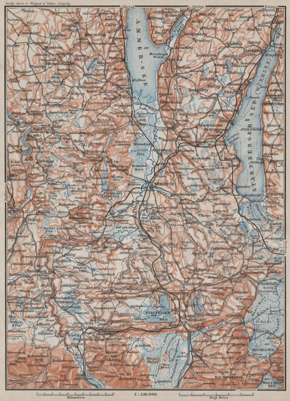 STARNBERGERSEE & AMMERSEE. Weilheim Schongau Murnau Starnberg karte 1902 map