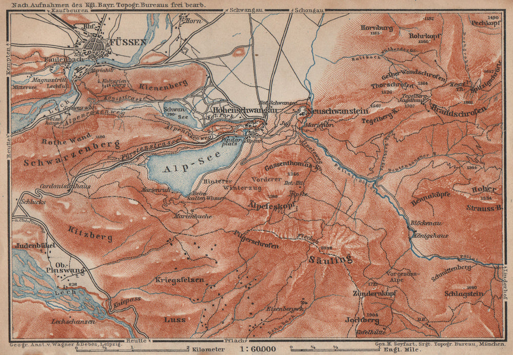 HOHENSCHWANGAU  & FÜSSEN environs. Alpsee Deutschland Österreich karte 1902 map