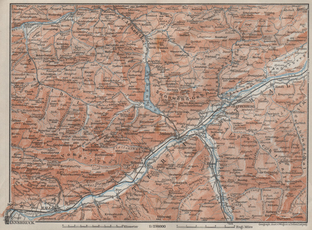 ACHENSEE environs/umgebung. Unterinntal Rattenberg Innsbruck Karwendel 1902 map