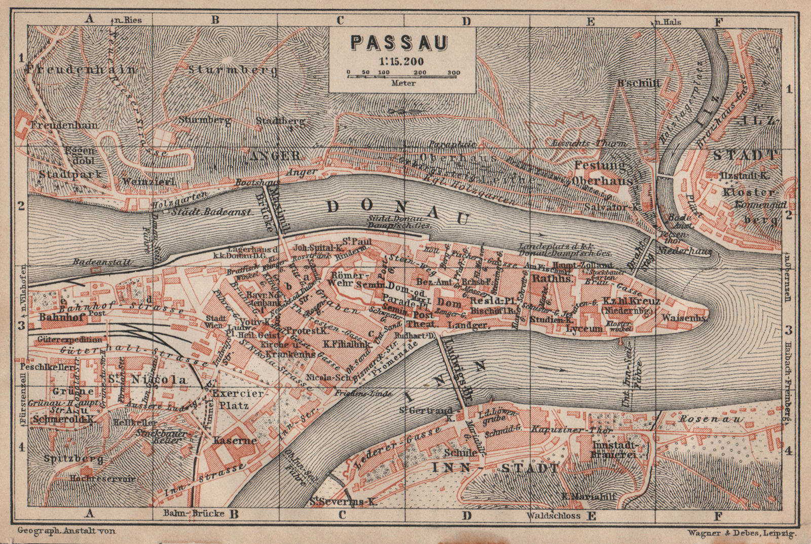 PASSAU town city plan stadtplan. Inn Donau/Danube. Germany Deutschland ...