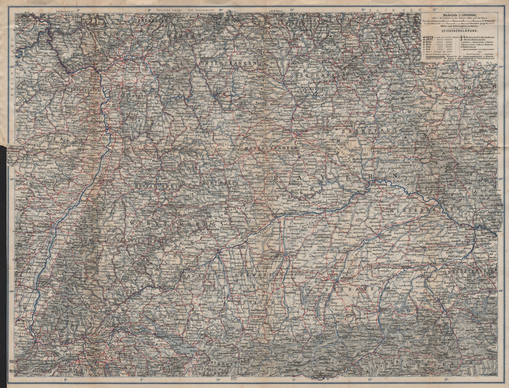 SOUTH GERMANY SÜD-DEUTSCHLAND Bavaria Bayern Baden Württemberg Franken 1902 map