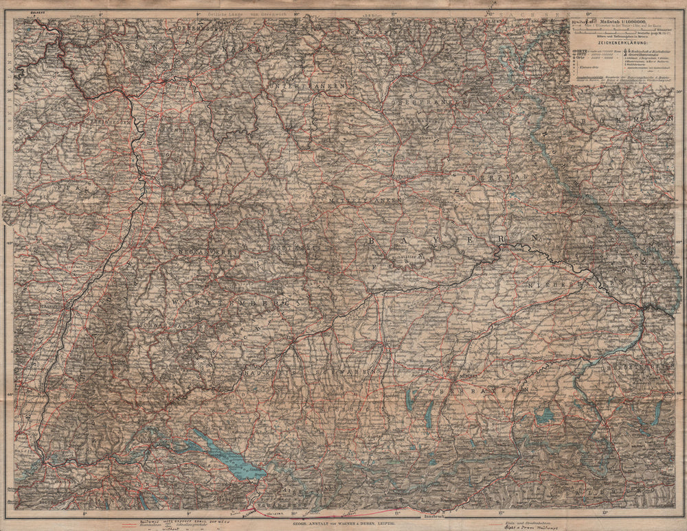 SOUTH GERMANY SÜD-DEUTSCHLAND Bavaria Bayern Baden Württemberg Franken 1907 map