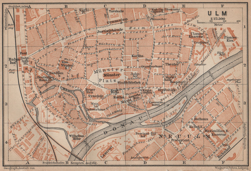 ULM antique town city stadtplan. Baden-Württemberg karte. BAEDEKER 1907 map