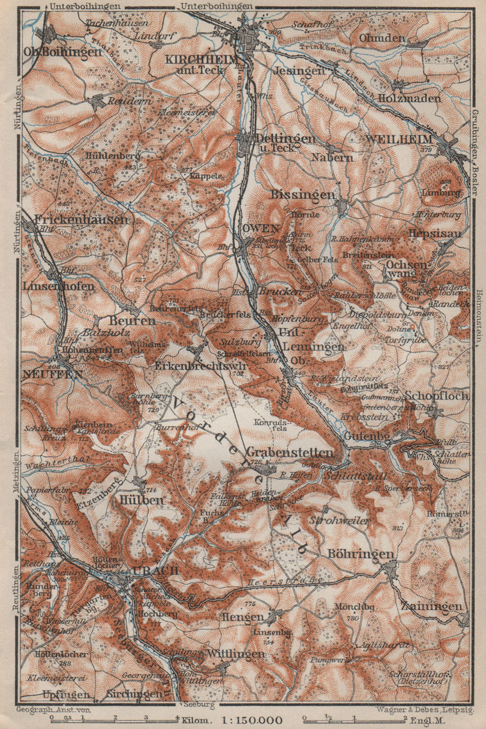 KIRCHHEIM UNTER TECK & umgebung. Lauter valley Bad Urach Weilheim Burg 1907 map