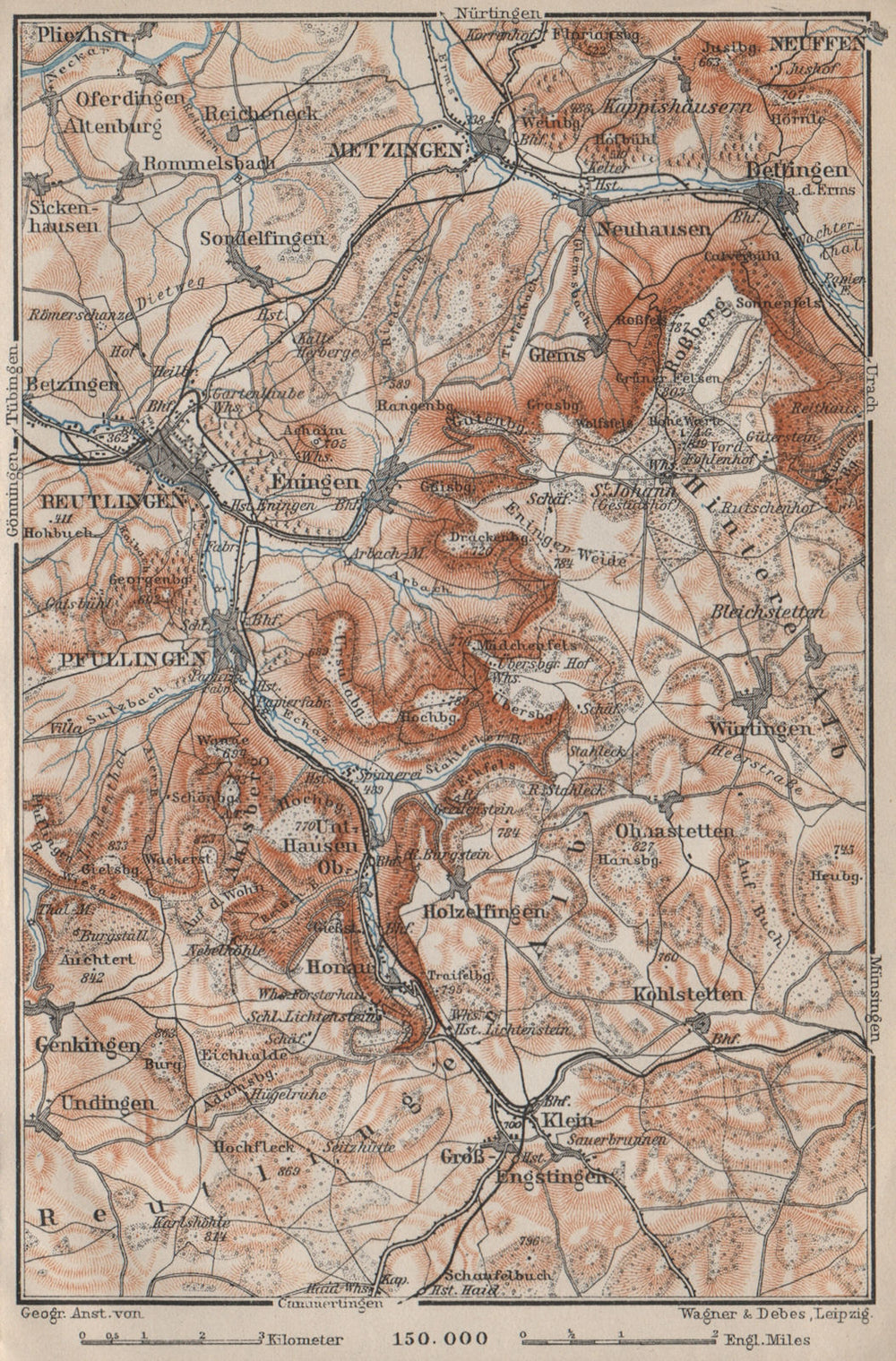 REUTLINGEN Metzingen Pfullingen. Schwäbische Alb. Swabian Jura karte 1907 map