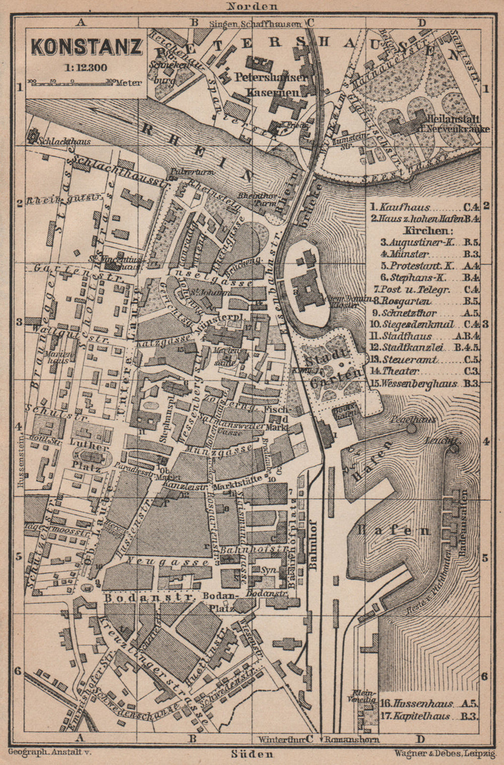 CONSTANCE. KONSTANZ. town city stadtplan. Germany karte. BAEDEKER 1907 old map