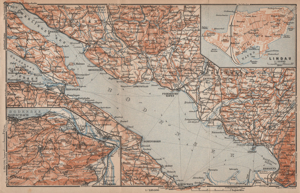 LAKE CONSTANCE inset LINDAU. Konstanz St Gallen Bregenz. Topo-map 1907 old