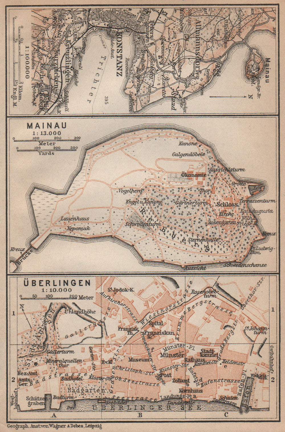 BODENSEE LAKE CONSTANCE Konstanz Mainau Überlingen town city stadtplan 1907 map
