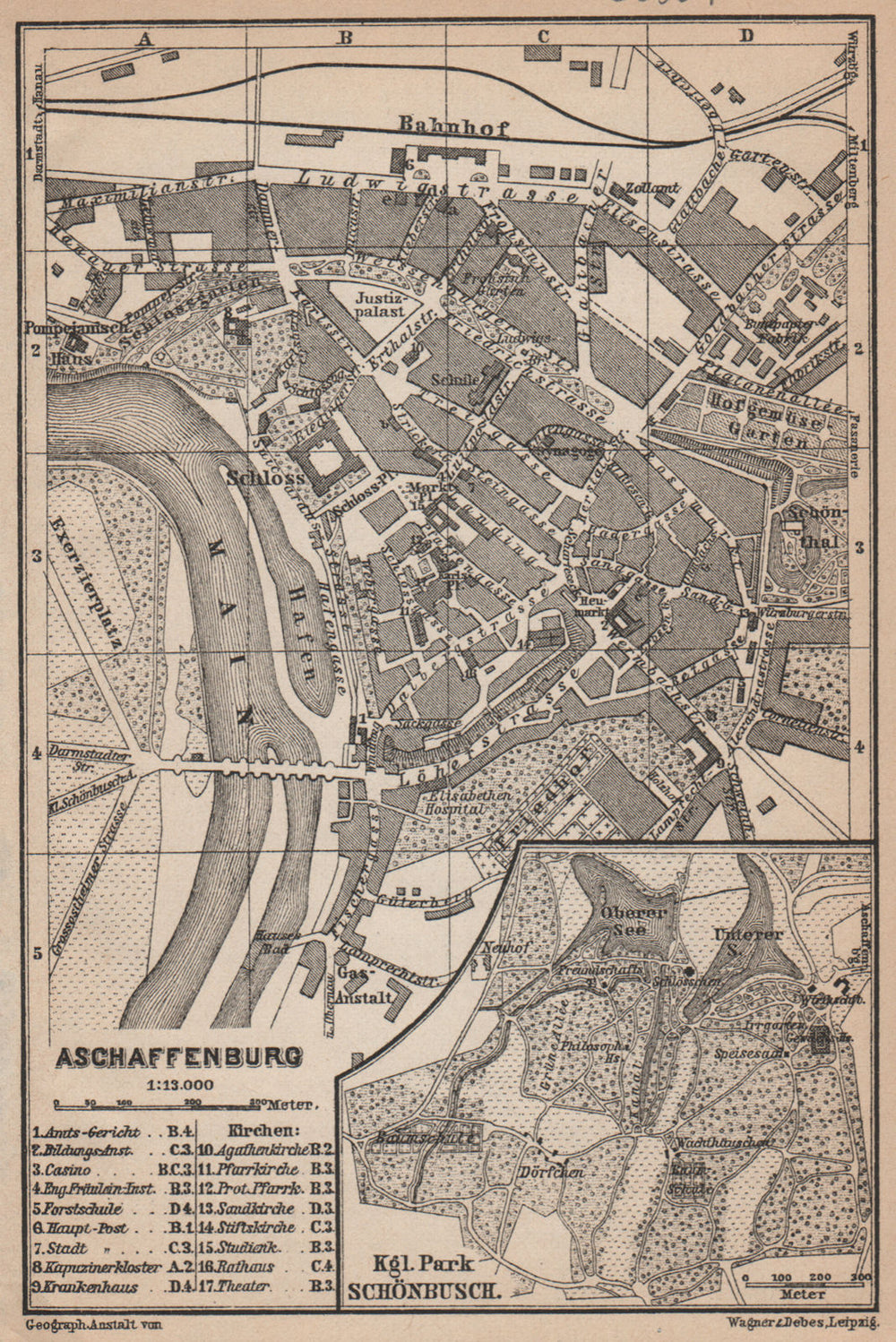 ASCHAFFENBURG antique town city stadtplan. Schönbusch. Bavaria karte 1907 map