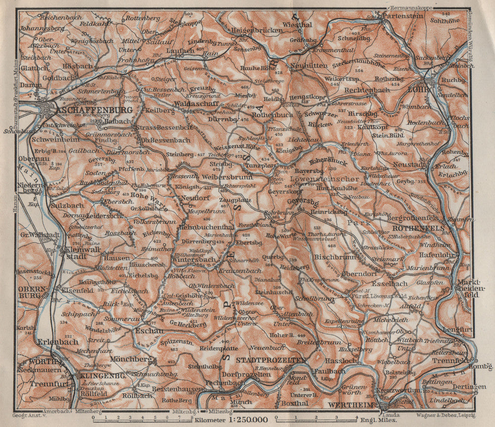 SPESSART topo-map. Aschaffenburg Lohr am Main Zertheim Geiersberg 1907 old