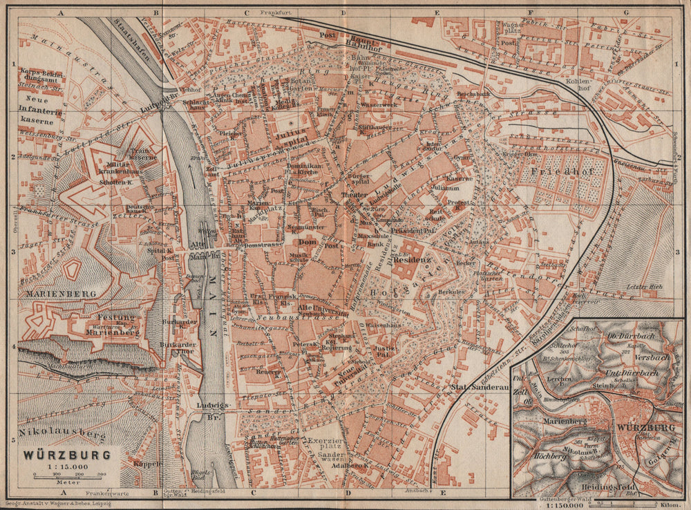 WÜRZBURG town city stadtplan & umgebung/environs. Wurzburg. Bavaria 1907 map