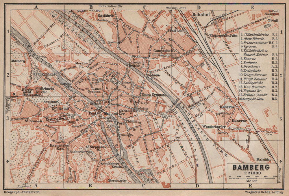 BAMBERG antique town city stadtplan. Bavaria karte. BAEDEKER 1907 old map