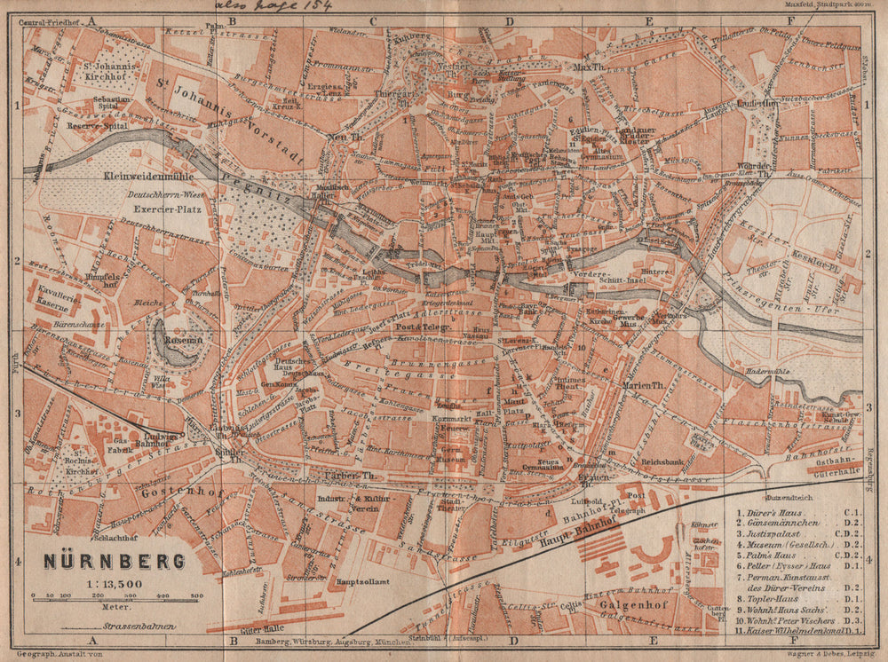 NÜRNBERG town city centre/innere stadtplan. Nuremberg. Bavaria karte 1907 map