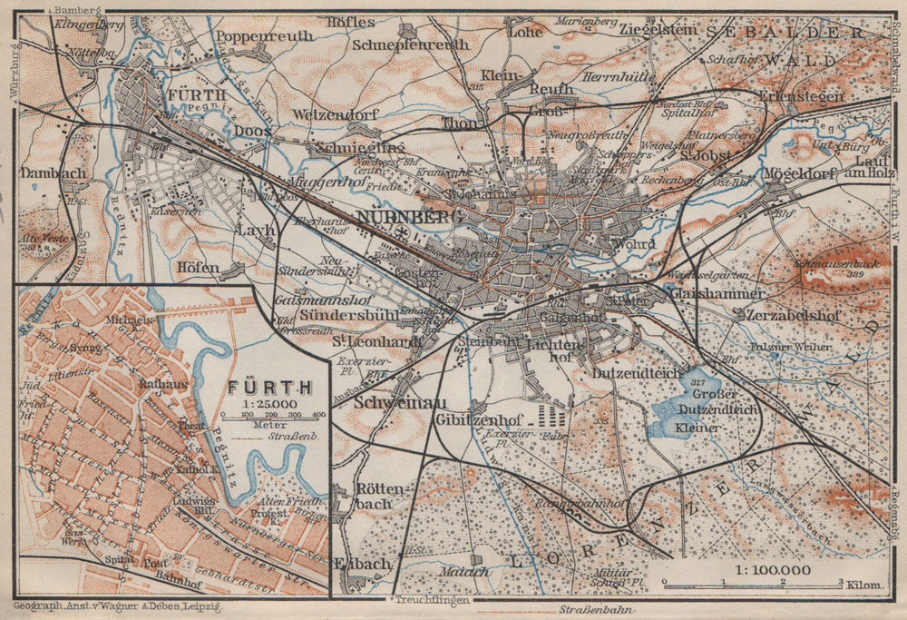 NÜREMBURG (NURNBERG) & FÜRTH town city stadtplan. Bavaria karte 1907 old map