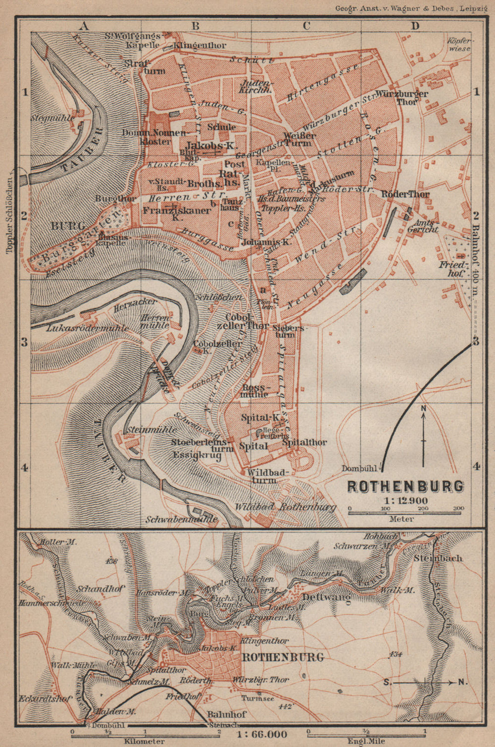 ROTHENBURG OB DER TAUBER town city stadtplan. Bavaria, Deutschland 1907 map