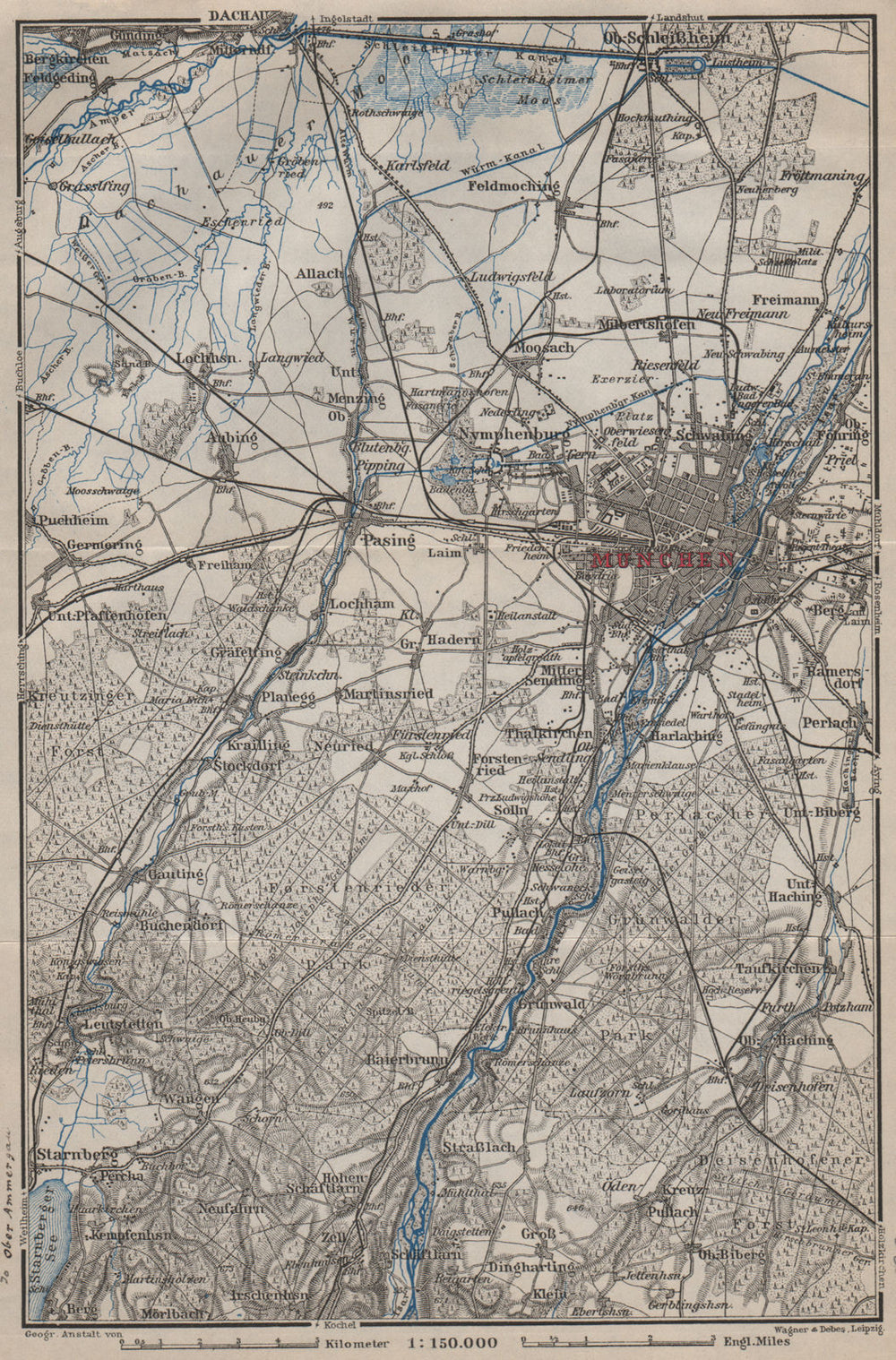 MÜNCHEN MUNICH environs/umgebung. Pasing Dachau. Forstenrieder Baier 1907 map