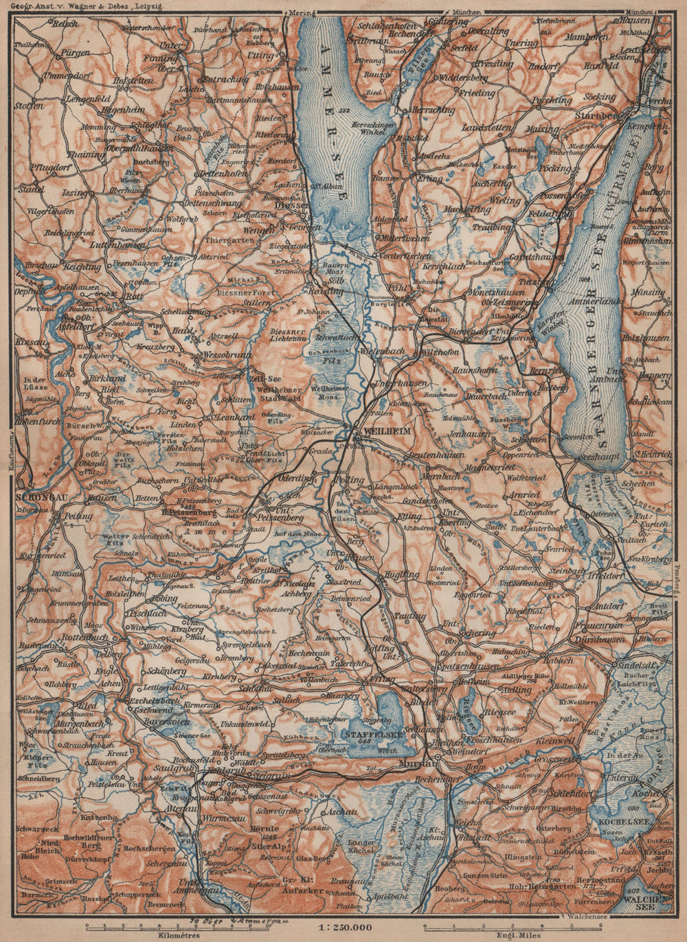 STARNBERGERSEE & AMMERSEE. Weilheim Schongau Murnau Starnberg karte 1907 map