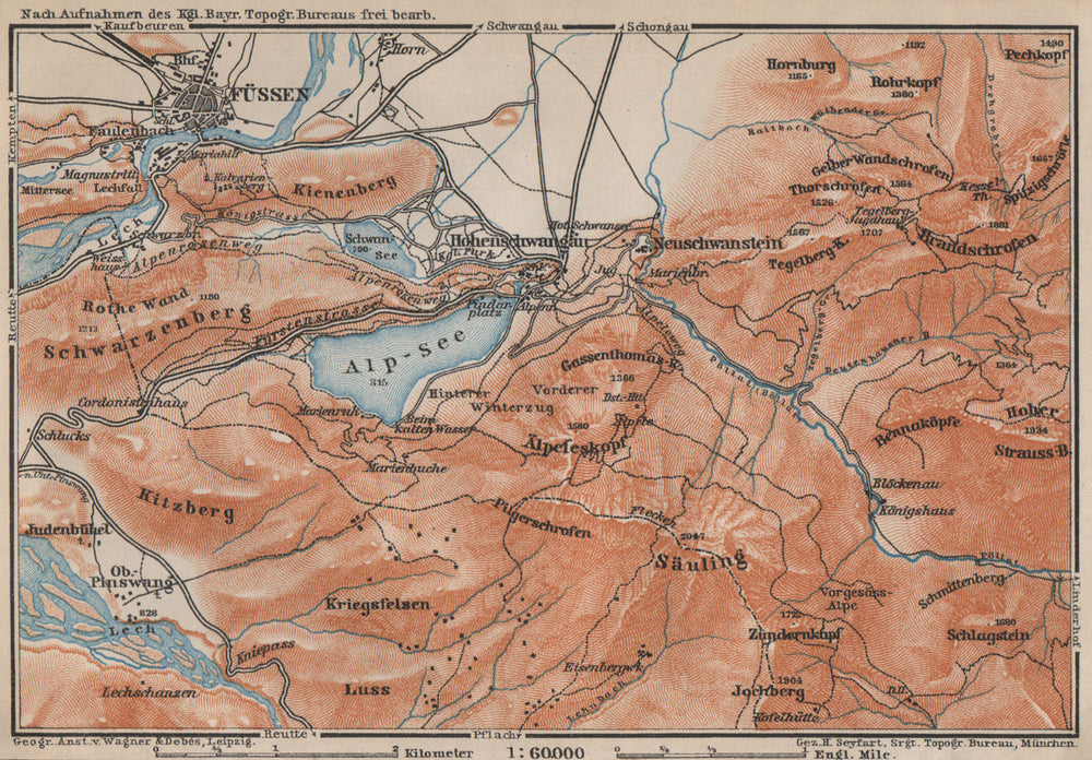 HOHENSCHWANGAU  & FÜSSEN environs. Alpsee Deutschland Österreich karte 1907 map