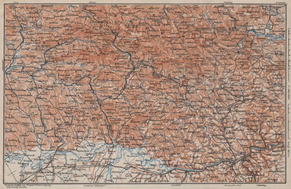 BAYRISCHERWALD. Bavarian Forest Cham Passau Böhmerwald karte. BAEDEKER 1907 map