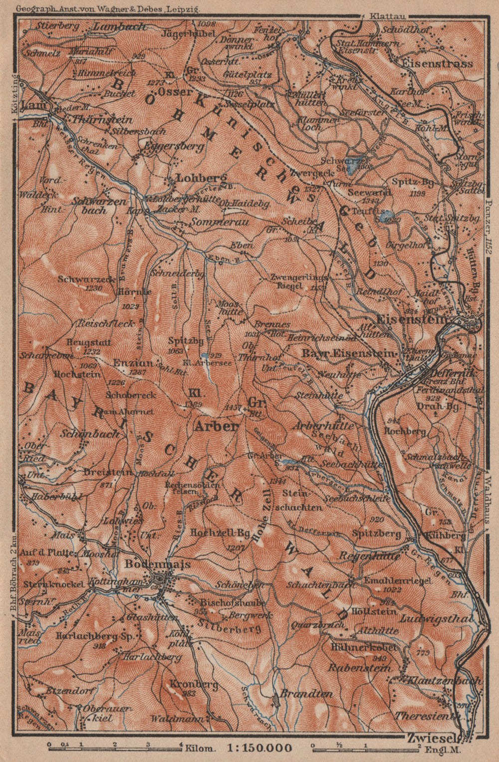 BAVARIAN/BOHEMIAN FOREST Bayrischer/Böhmerwald. Bodenmais Zelezna Ruda 1907 map