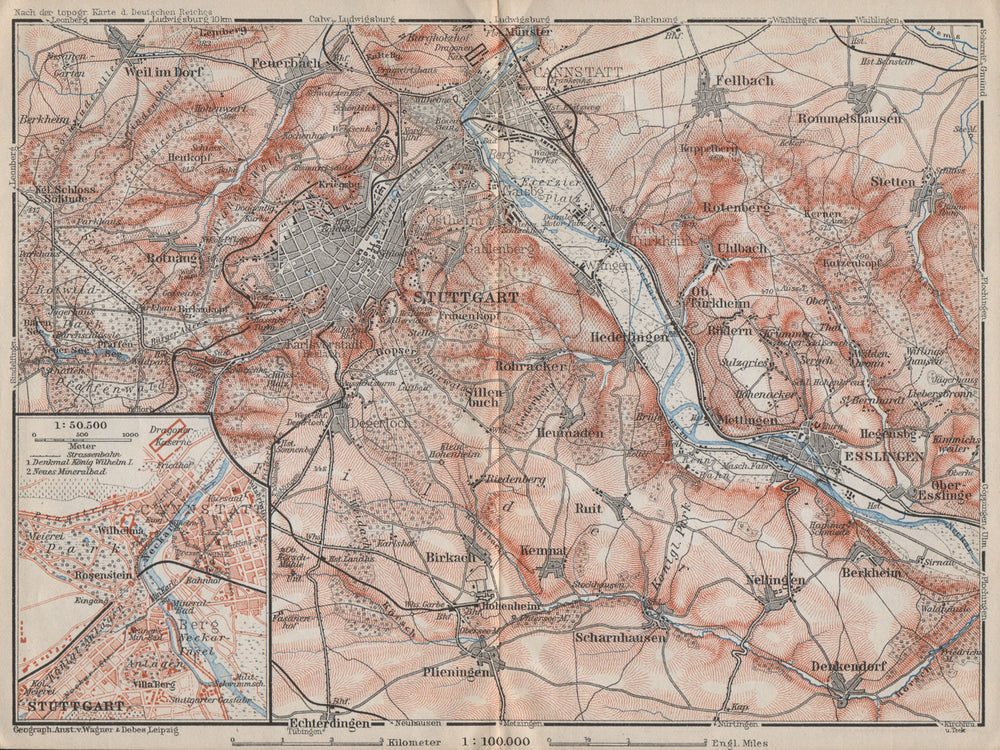 STUTTGART environs/umgebung.Cannstatt Esslingen Fellbach Hommelshausen 1910 map