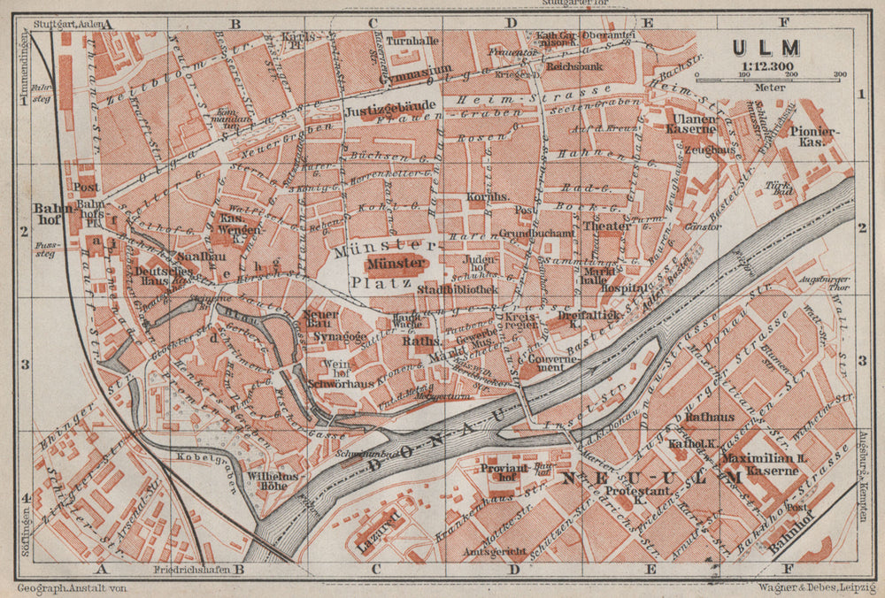 ULM antique town city stadtplan. Baden-Württemberg karte. BAEDEKER 1910 map