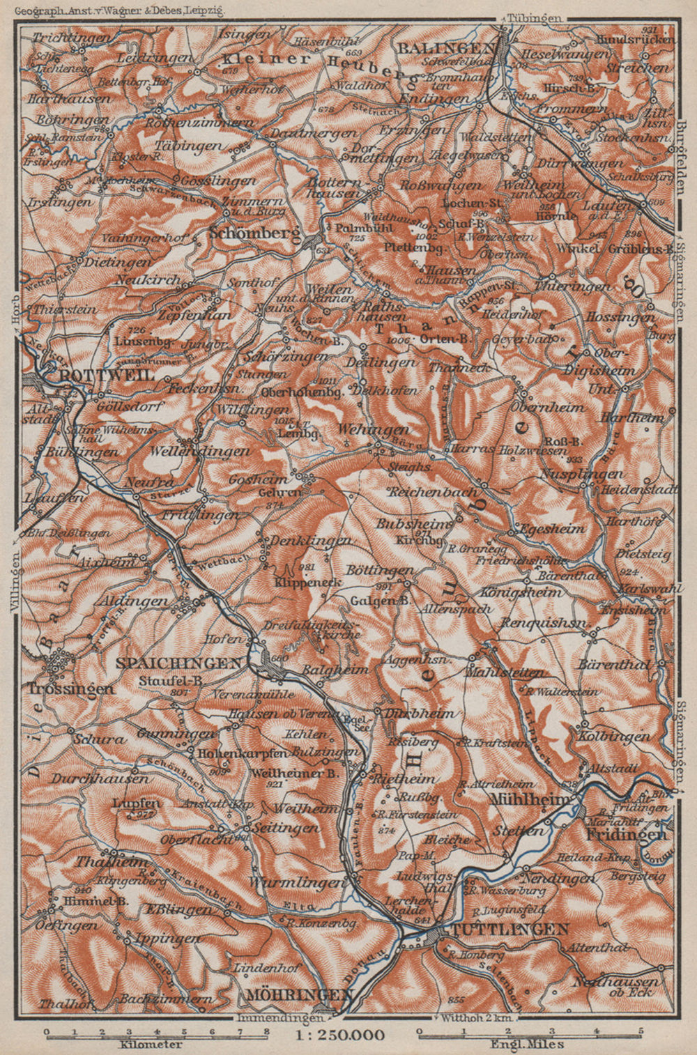 SCHWÄBISCHE ALB Südwest. Swabian Jura. Obere Donau Balingen Tuttlingen 1910 map