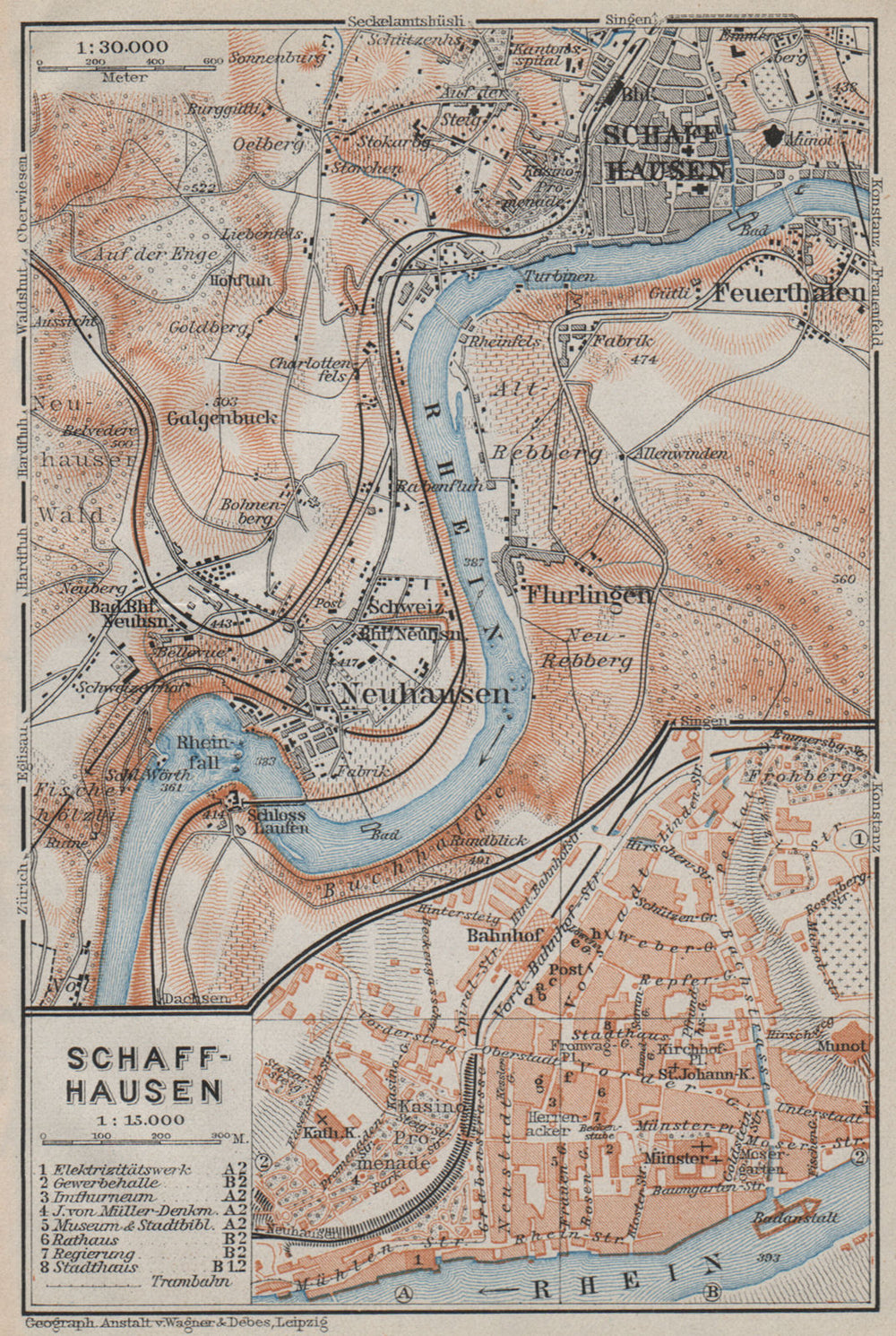 SCHAFFHAUSEN town city stadtplan & umgebung. Rheinfall. Rhine falls 1910 map