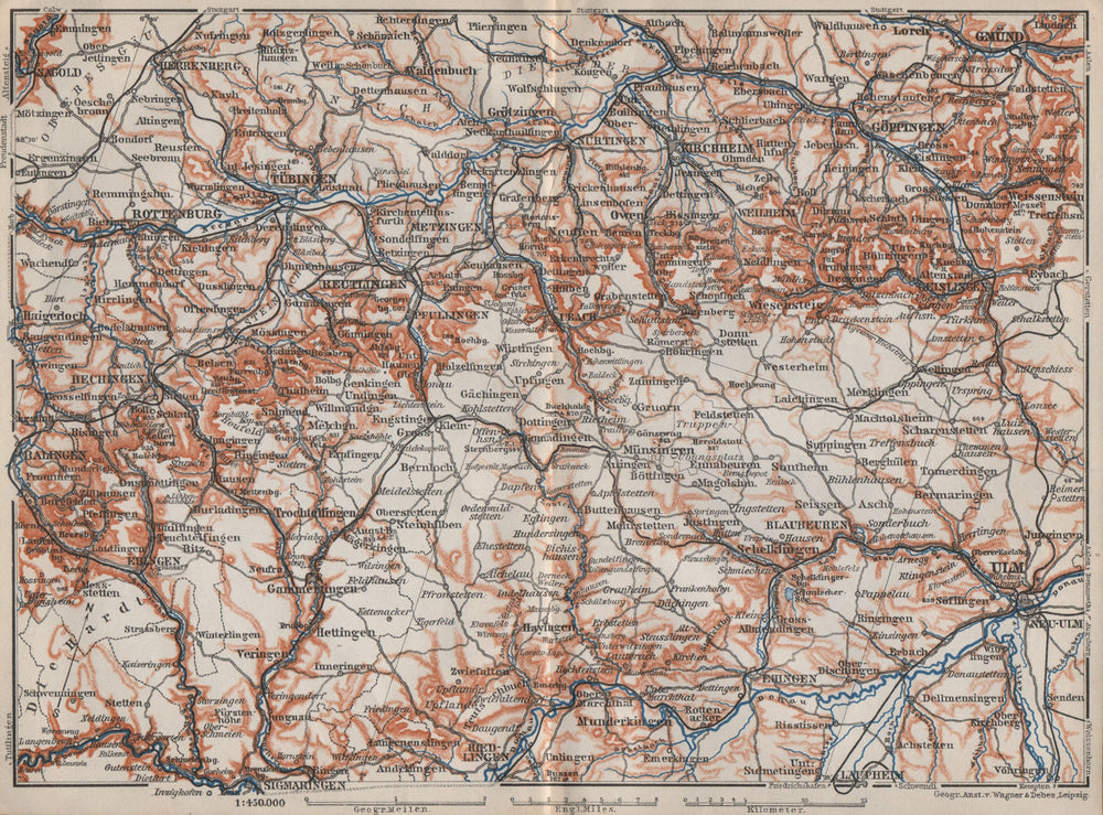 SCHWÄBISCHE ALB. Swabian Jura topo-map. Ulm Rottenburg Gmünd Kirchheim 1910