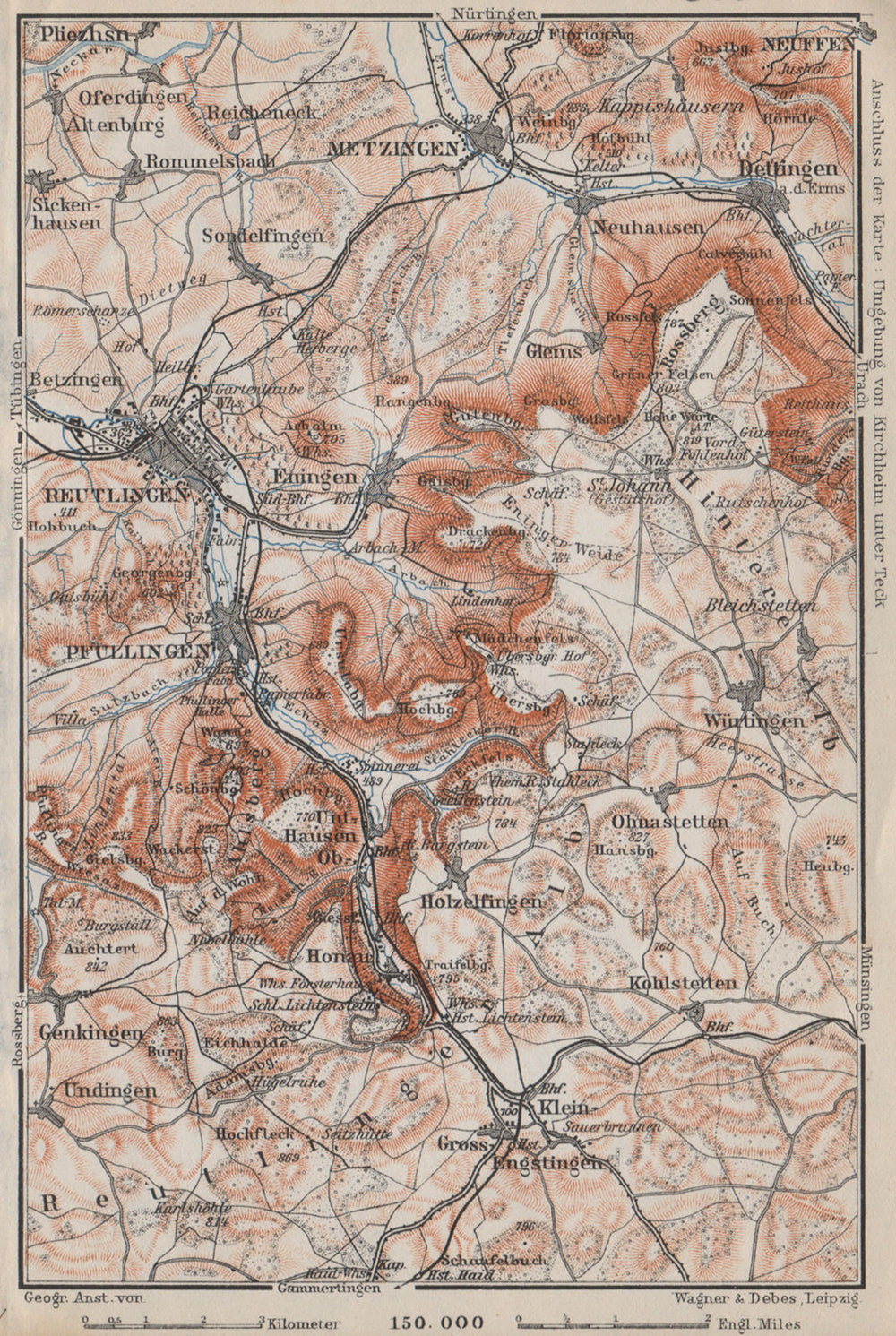 REUTLINGEN Metzingen Pfullingen. Schwäbische Alb. Swabian Jura karte 1910 map