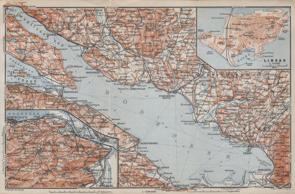 LAKE CONSTANCE inset LINDAU. Konstanz St Gallen Bregenz. Topo-map 1910 old