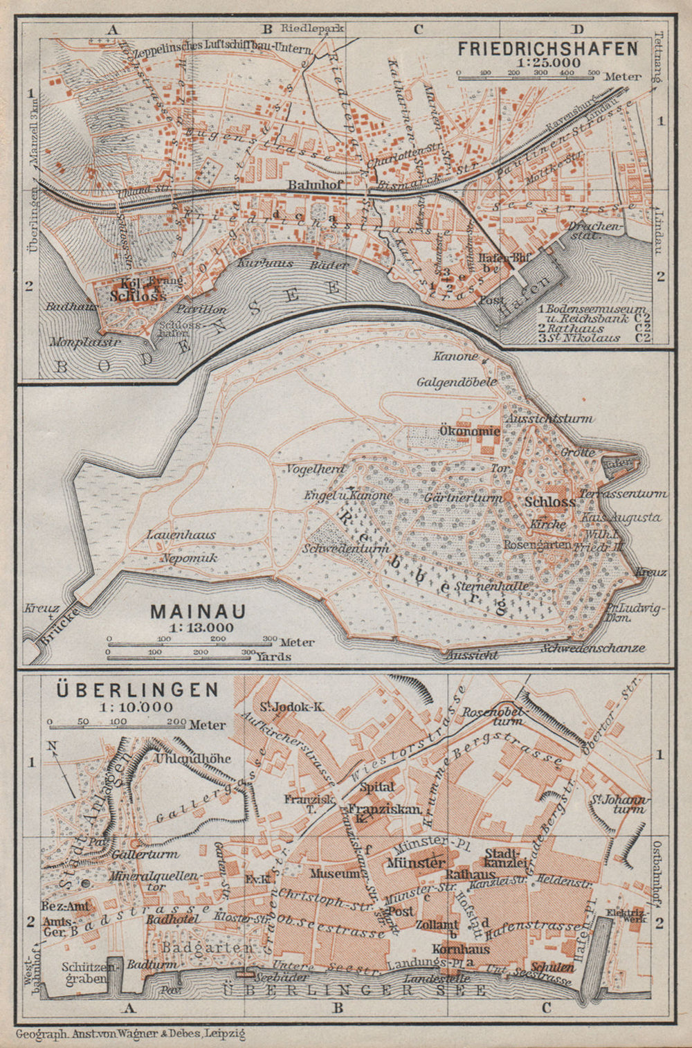 BODENSEE LAKE CONSTANCE Friedrichshafen Mainau Überlingen stadtplan 1910 map