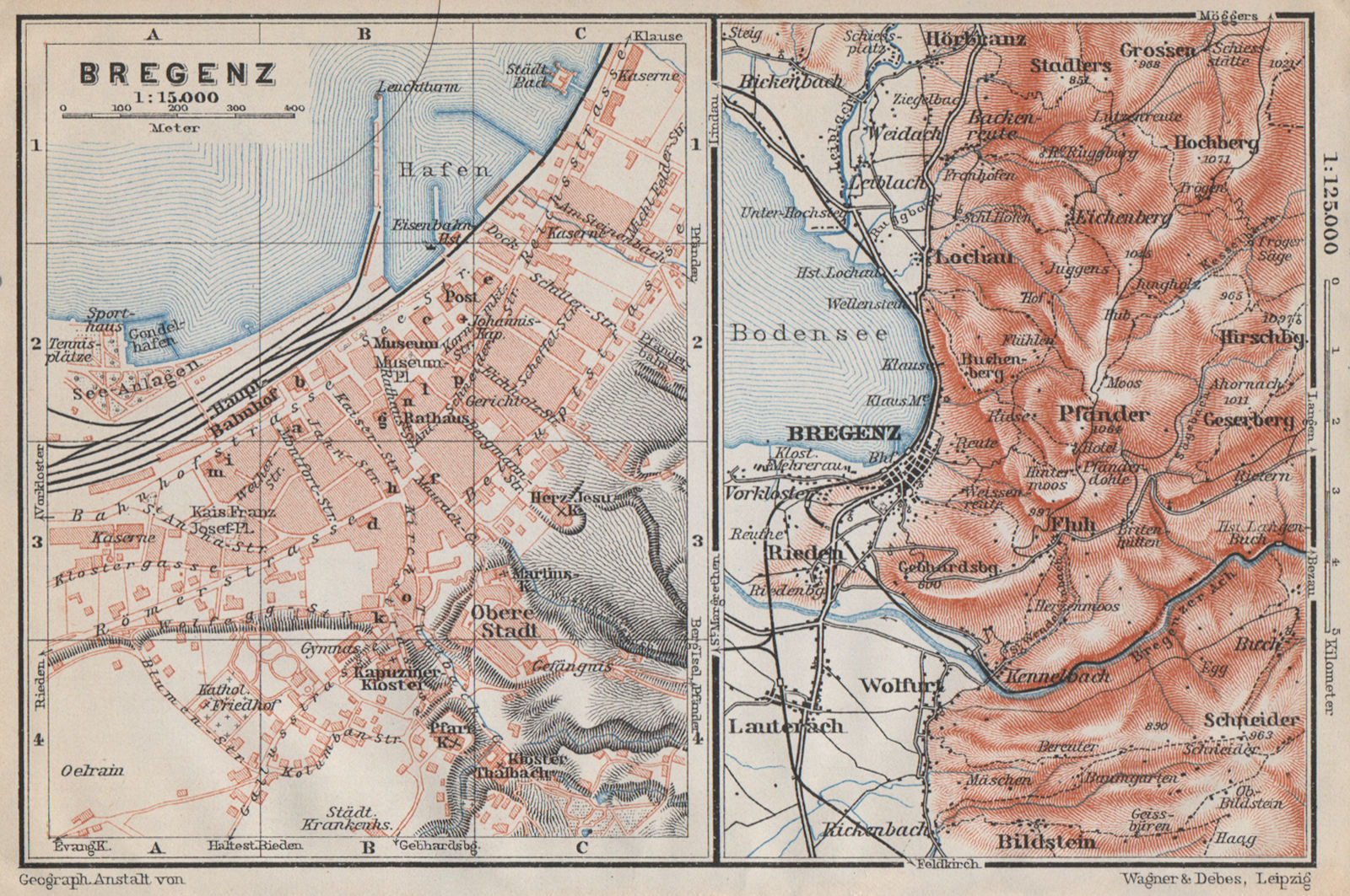 BREGENZ town city stadtplan and environs. Österreich Austria karte 1910 ...