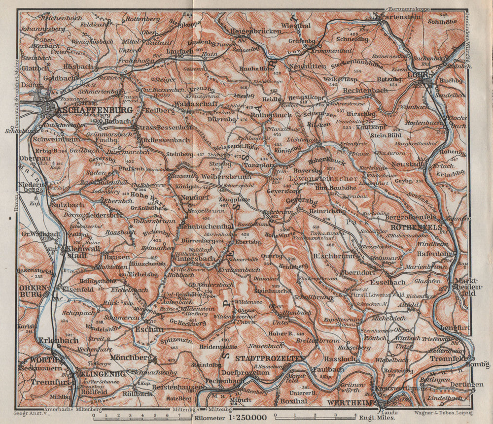 SPESSART topo-map. Aschaffenburg Lohr am Main Zertheim Geiersberg 1910 old