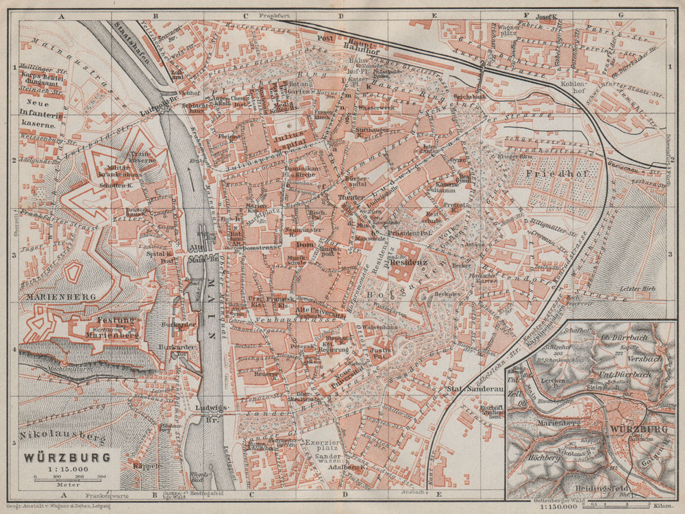 WÜRZBURG town city stadtplan & umgebung/environs. Wurzburg. Bavaria 1910 map