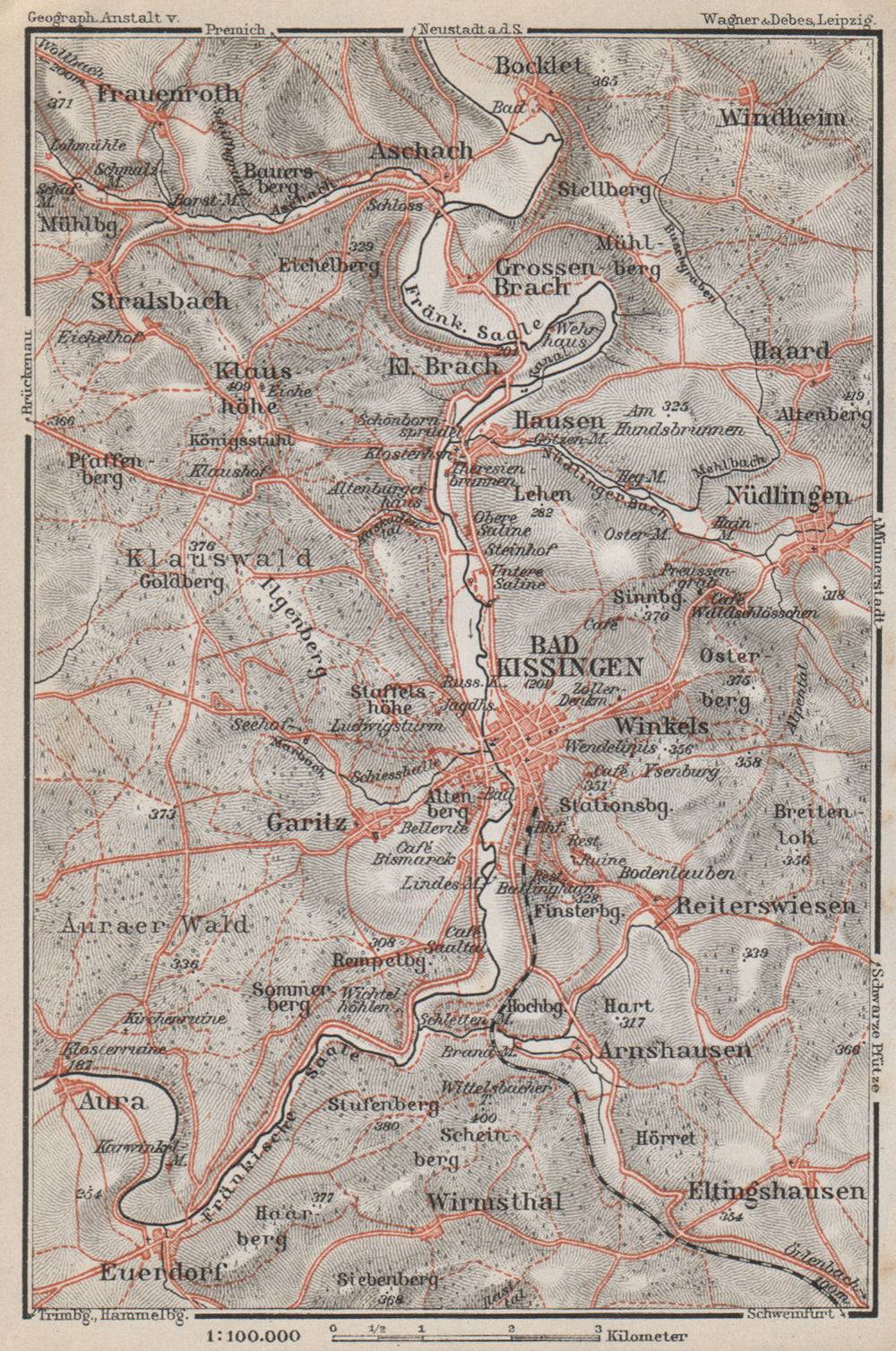 BAD KISSINGEN & umgebung. Nüdlingen Eltinghausen Euerdorf Bocklet 1910 old map