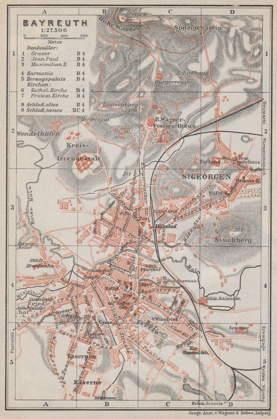 BAYREUTH antique town city stadtplan. Bavaria. St Georgen karte 1910 ...
