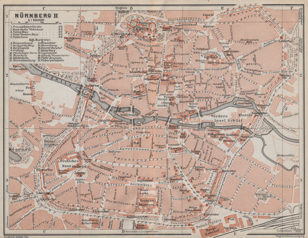 NÜRNBERG town city centre/innere stadtplan. Nuremberg. Bavaria karte 1910 map