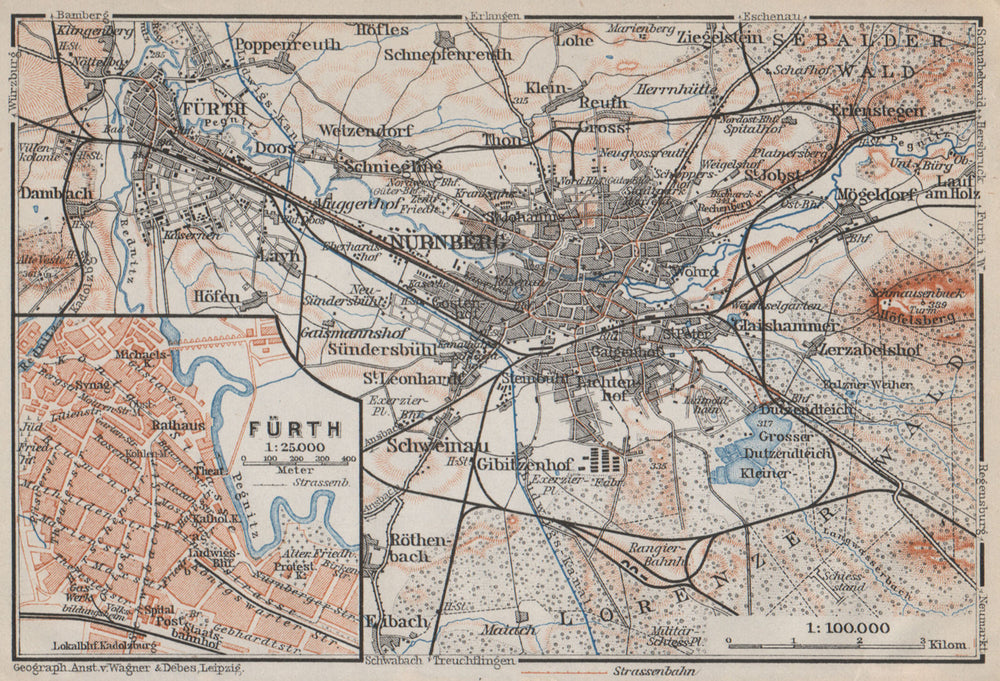 NÜREMBURG (NURNBERG) & FÜRTH town city stadtplan. Bavaria karte 1910 old map