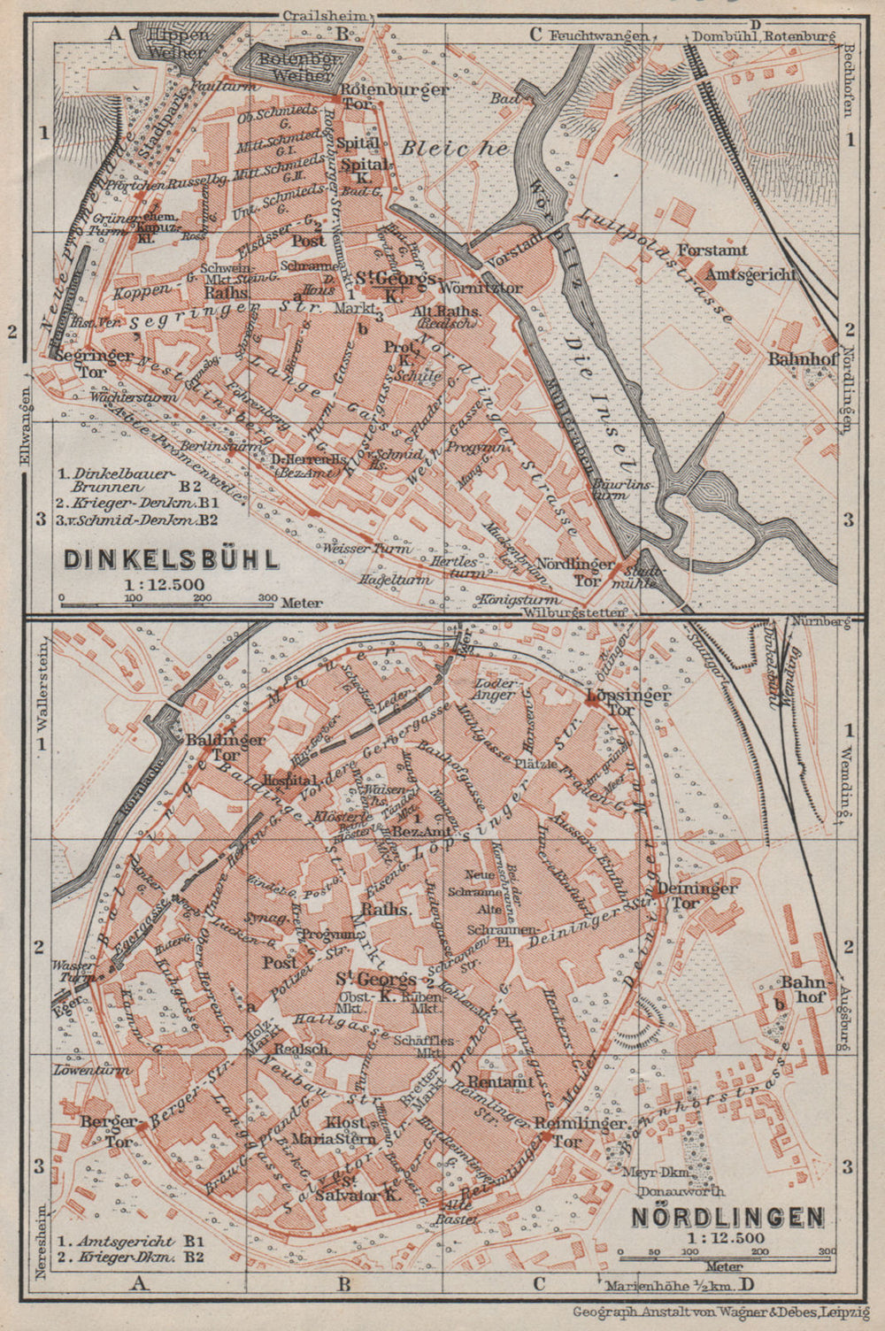 DINKELSBÜHL & NÖRDLINGEN antique town city stadtplan. Bavaria karte 1910 map